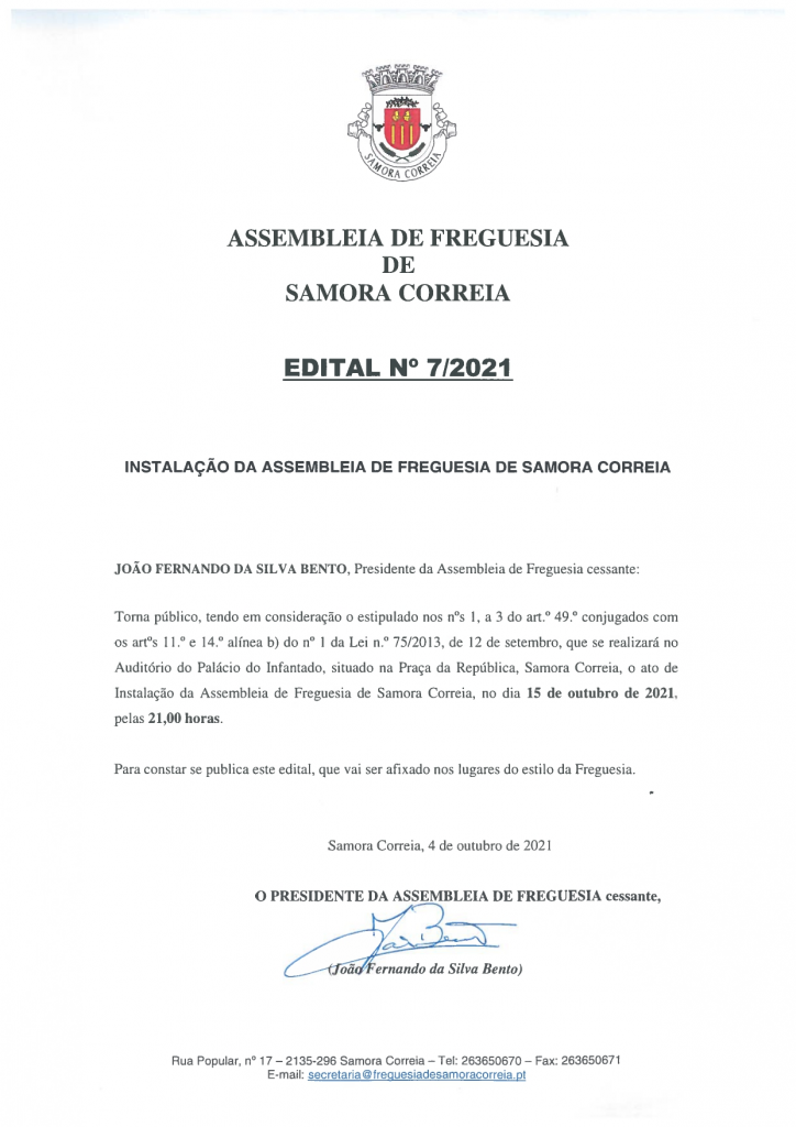 Imagem Edital Nº 07/2021 - Assembleia De Freguesia - Instalação da Assembleia de Freguesia de Samora Correia
