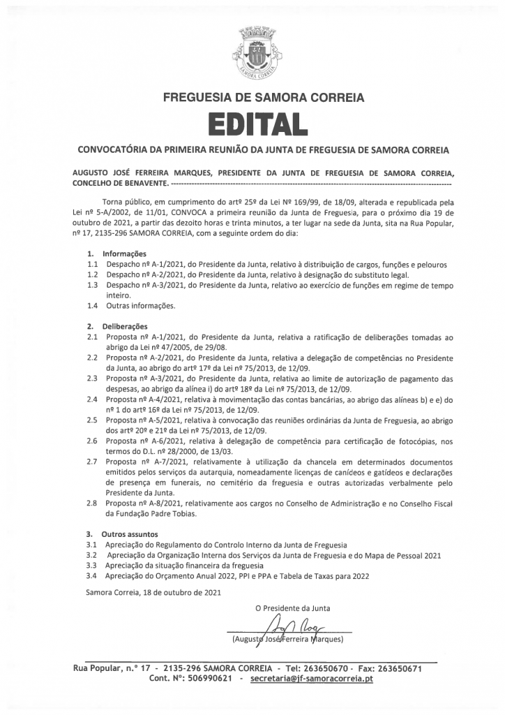 Imagem Edital - Convocatória da Primeira Reunião da Junta de Freguesia de Samora Correia