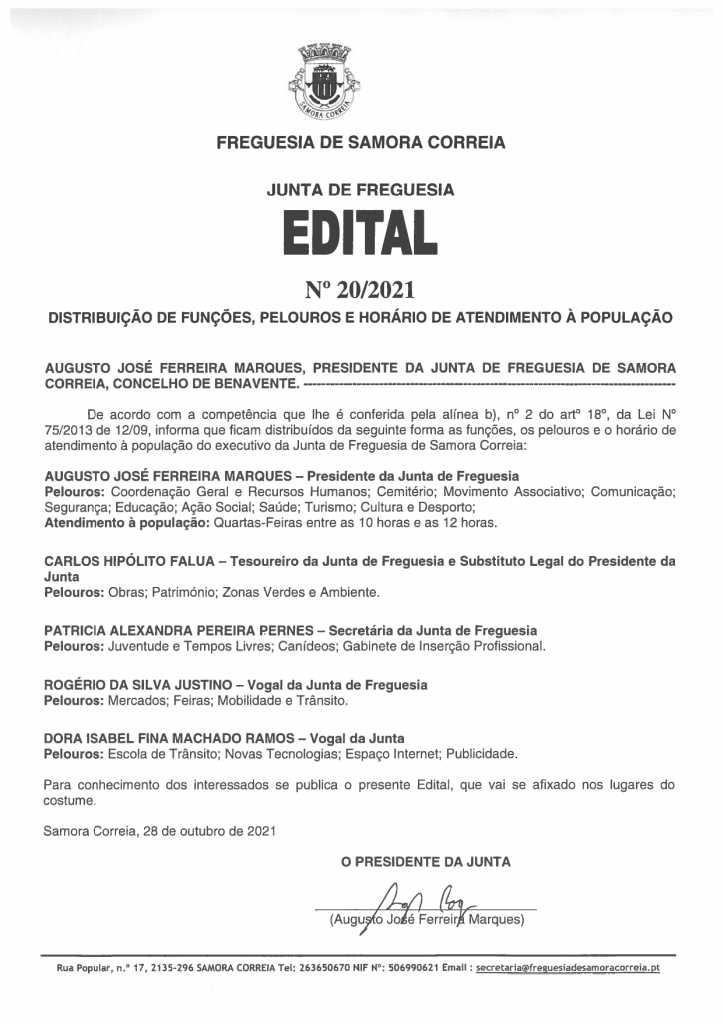 Imagem Edital Nº 20/2021 - Distribuição de Funções, Pelouros e Horário de Atendimento à População