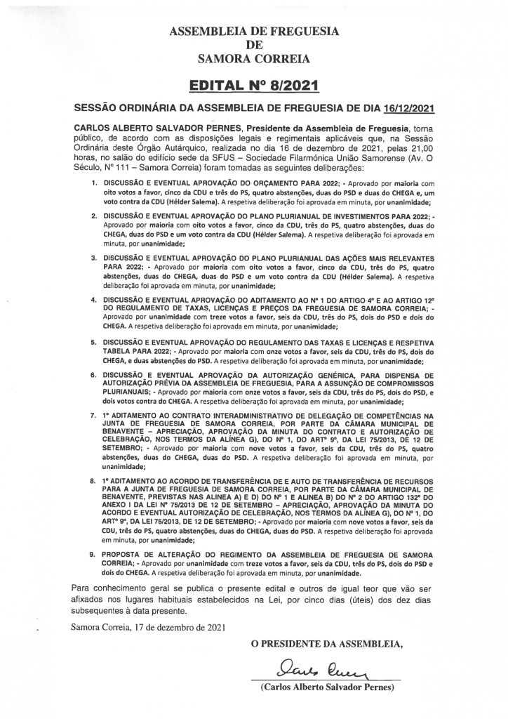 Imagem Edital Nº 08/2021 - Assembleia De Freguesia - Sessão Ordinária De 16/12/2021